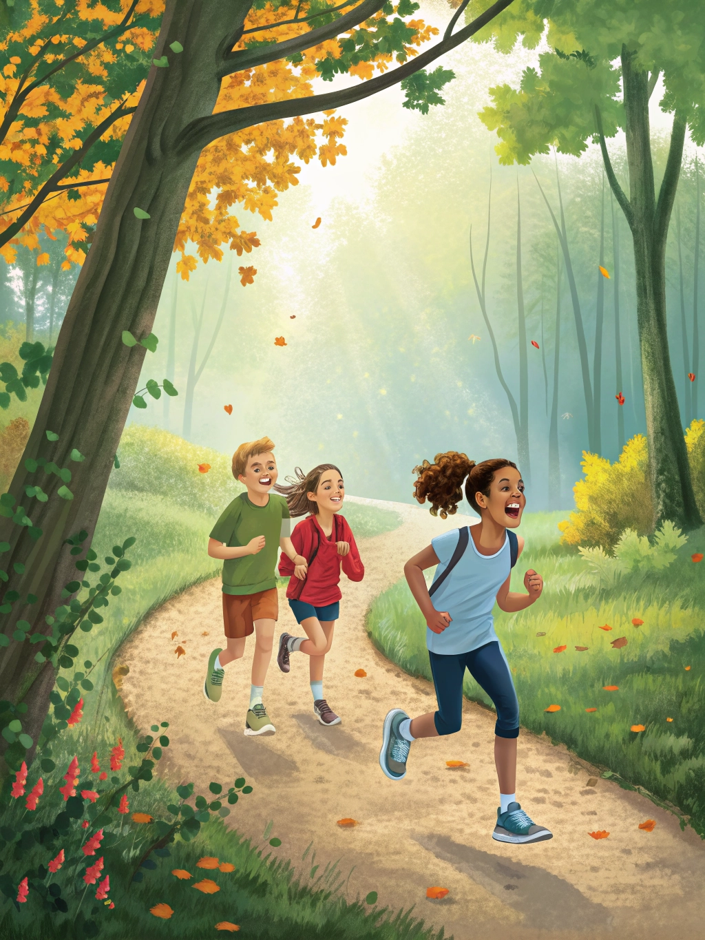 Children trail running race, happy faces