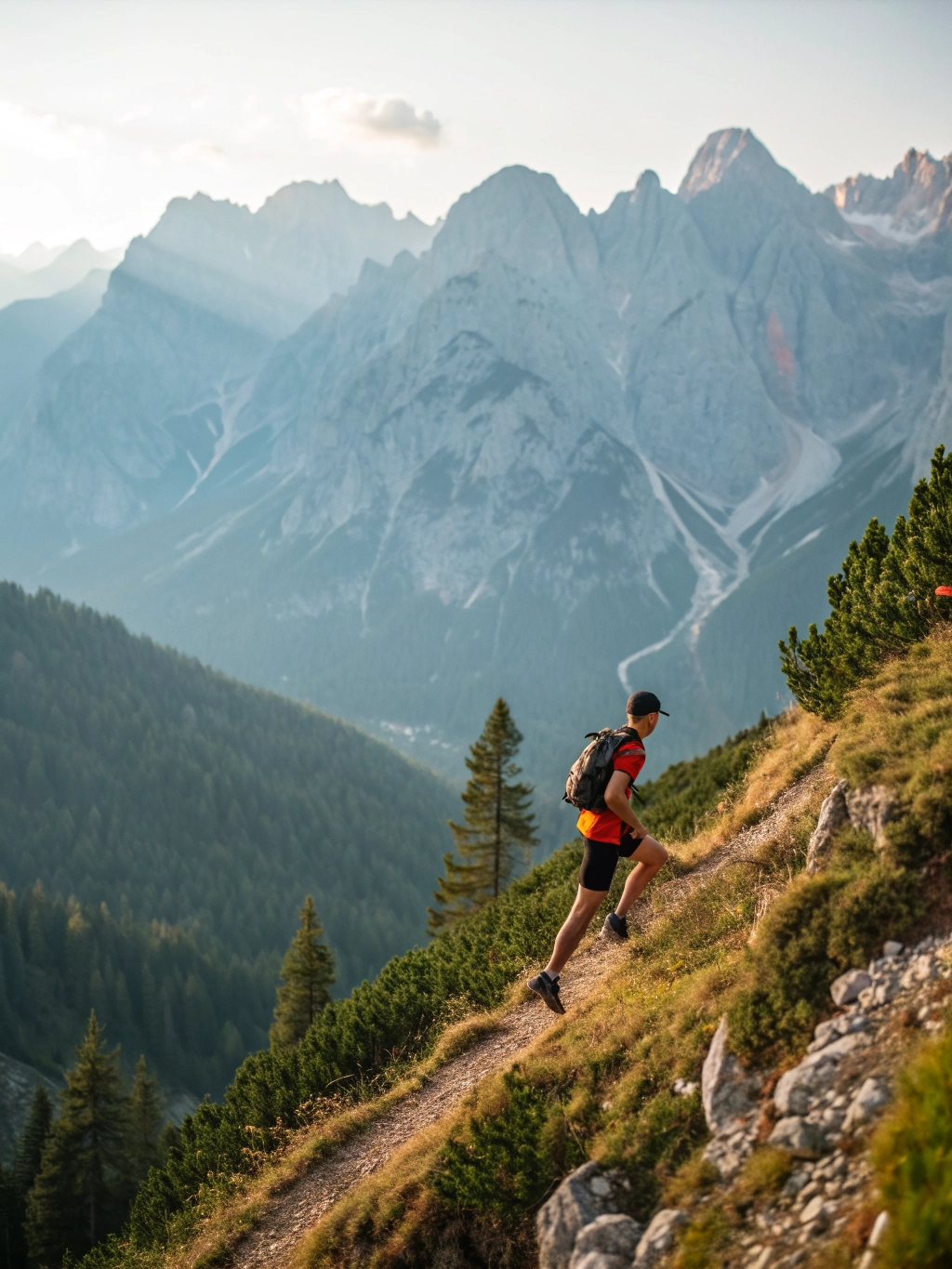 Trail runner ascending a steep mountain trail, 13km theme