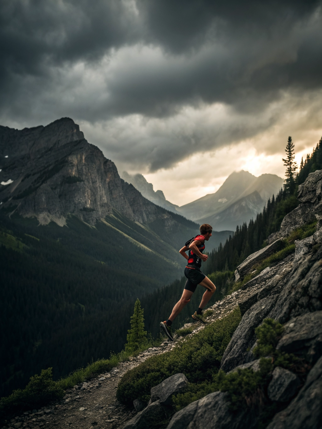 Endurance trail runner on technical terrain, 28km theme